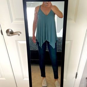 Sun & Shadow Tank with Crochet Detail. Soft, turquoise fabric. Size S.